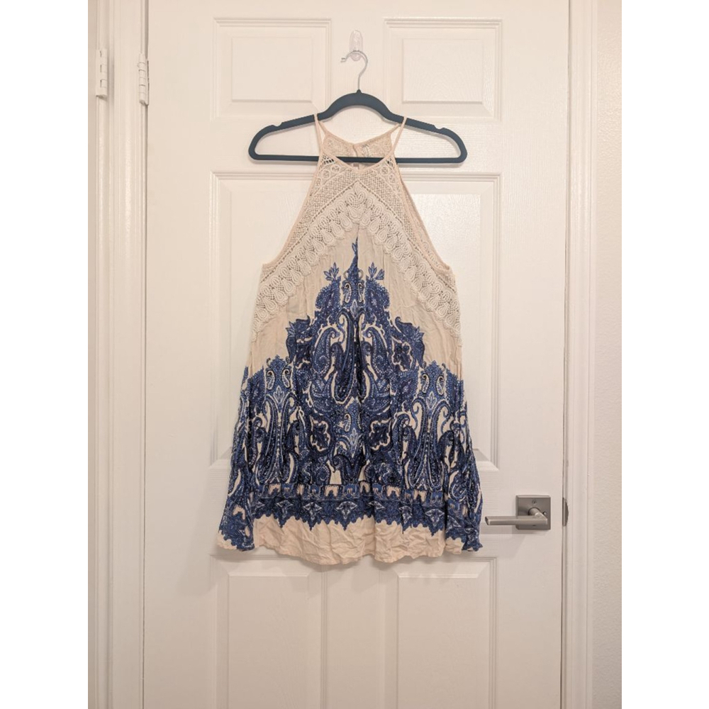 Women's Free People Mini Dress Petite S Beige Blue Paisley Shea Print Bohemian - Picture 3 of 7